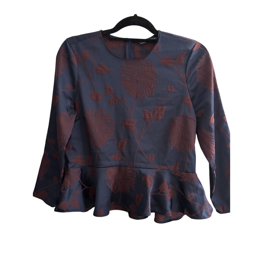 Zara Woman Navy Blue Burgundy Floral Jacquard Peplum Top Long Sleeve Small